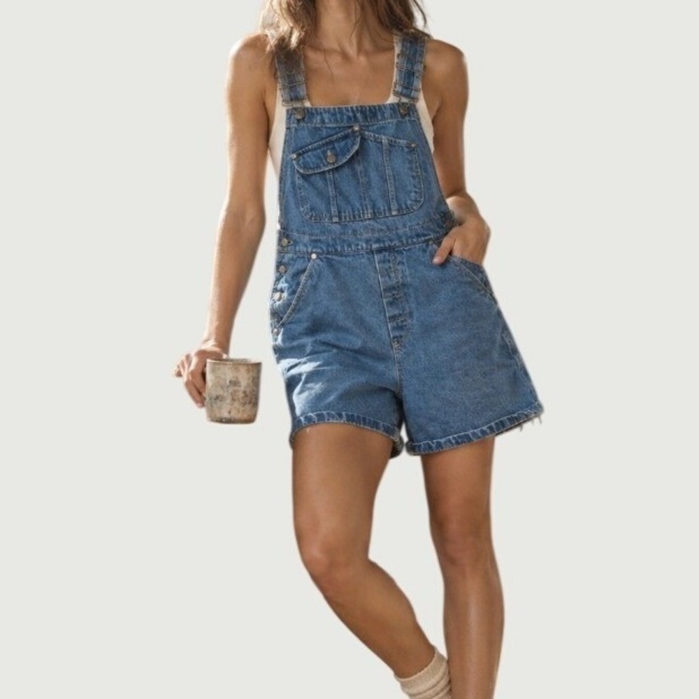 Vintage 90s Denim Shortalls Overalls Corset Back Blue Y2K Indie Boho Festival